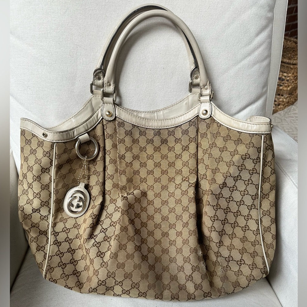 Used Gucci soft logo fabric hobo bag, white leather trim